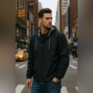 Athletic Works Black Windbreaker Jacket | Lightweight Hooded Zip-Up XL